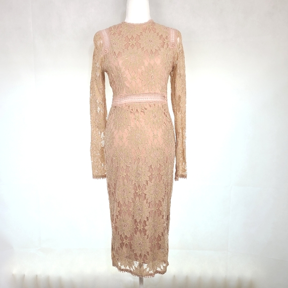 NEW- Pretty Little Things Dusty Pink Long Sleeve Lace Bodycon Dress, Size 6 - Picture 4 of 8